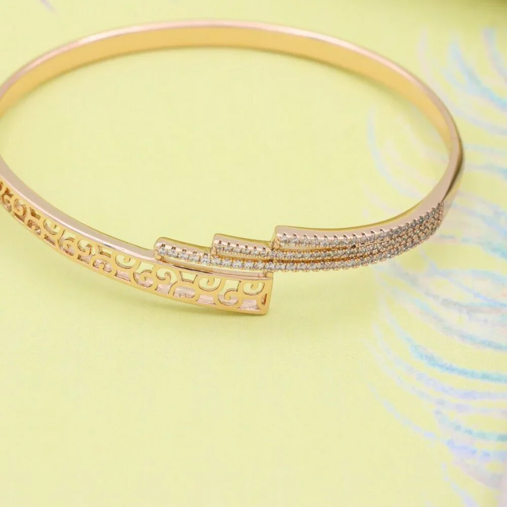 Rose Gold Bangle with Cutout Scroll Design and Triple Row Stones, XPBL0526 - Picture 4 of 12